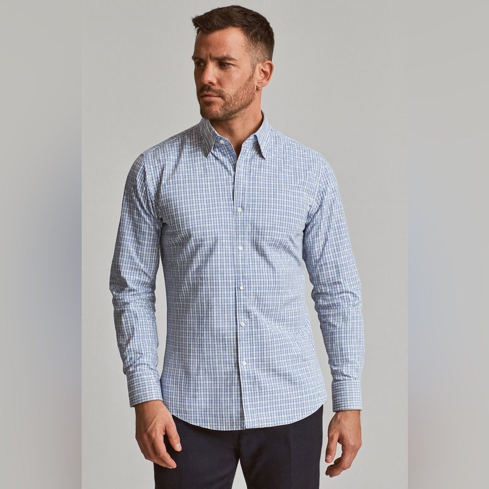 Bergamo New York Fitted Classic Blue Dress Shirt With Gingham Pattern L Nwot